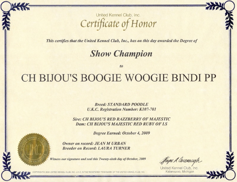 UKC Champion Certificate